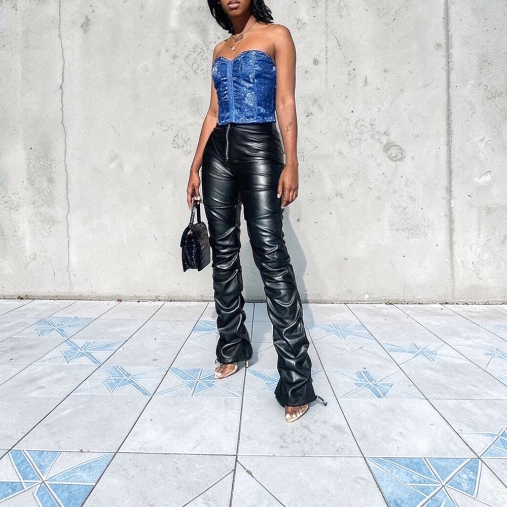 Black Faux Leather Ruched Pants Y2K High Waist Stacked Leggings